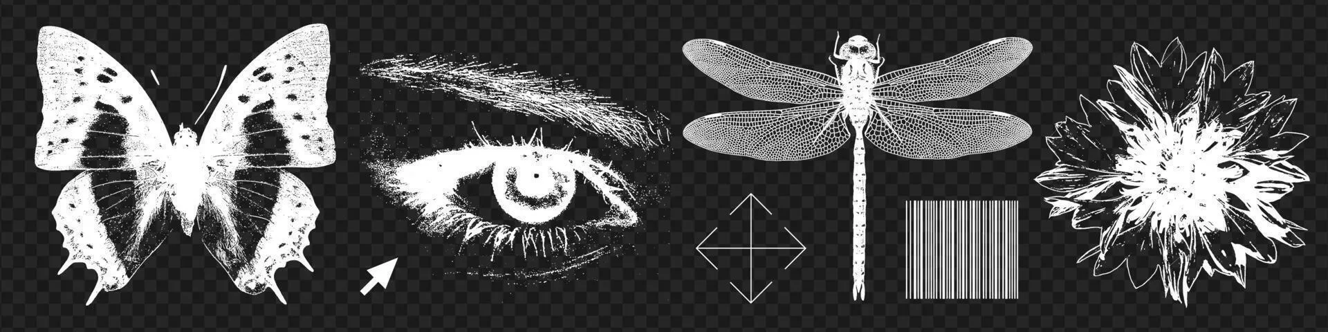Trendy y2k grunge elements set with a retro photocopy effect. Rough textured butterfly, eye, dragonfly, flower for collage design. black and white illustration