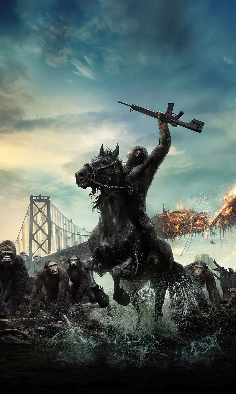 Planet of the Apes, art, dawn, fantasy, gun, sea, sky, sun, guerra, HD phone wallpaper