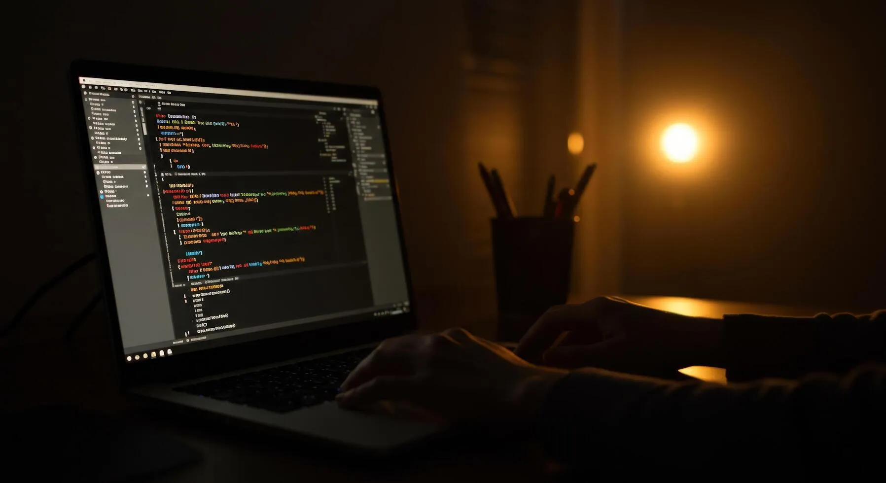 Person coding on laptop computer dark workspace