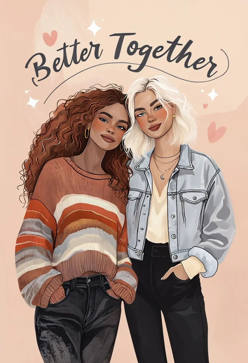 Joyful Illustration of Best Friends Embracing with 'Better Together' Poster