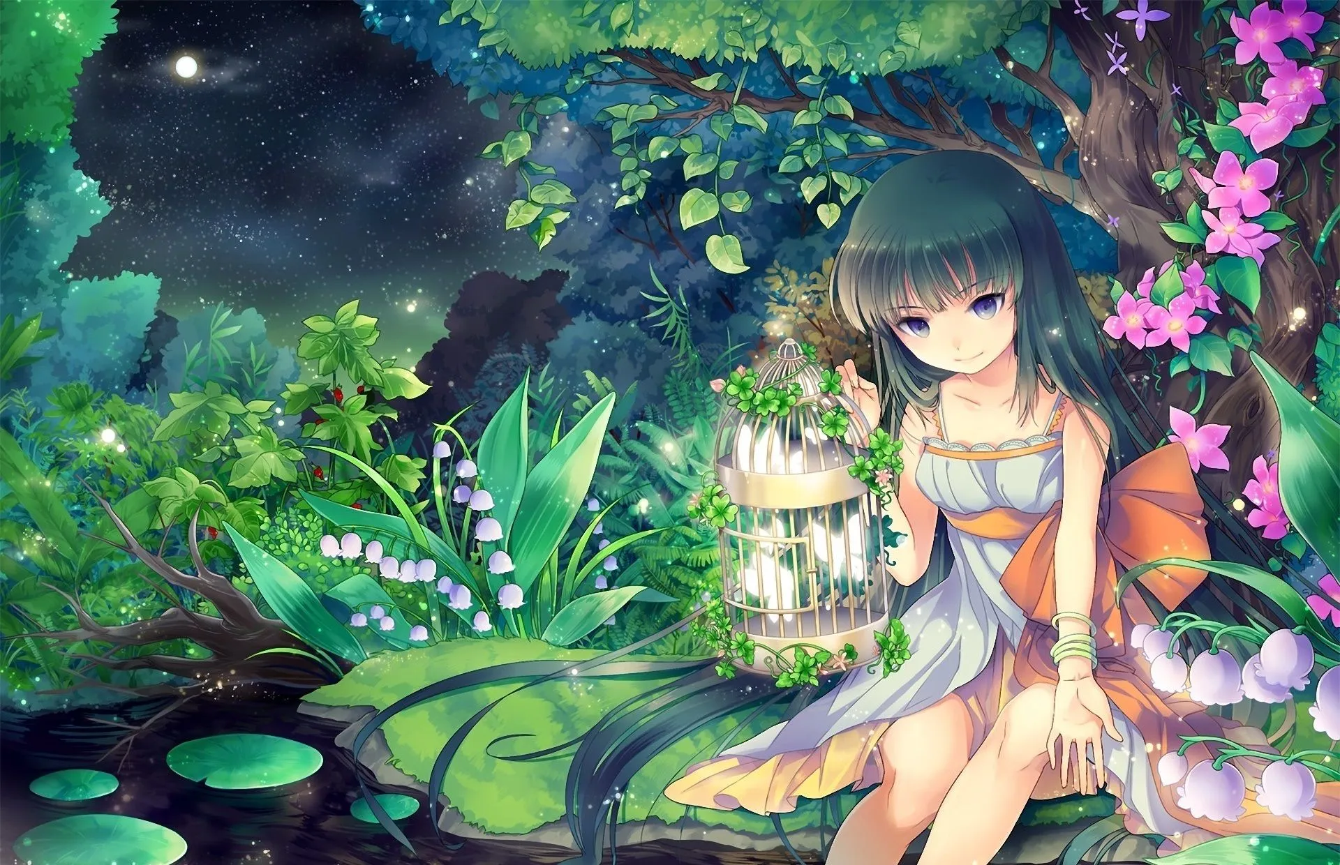 Wallpaper stars, night, nature, stream, the moon, anime, art, girl for mobile and desktop, section прочее, resolution 1920x1240