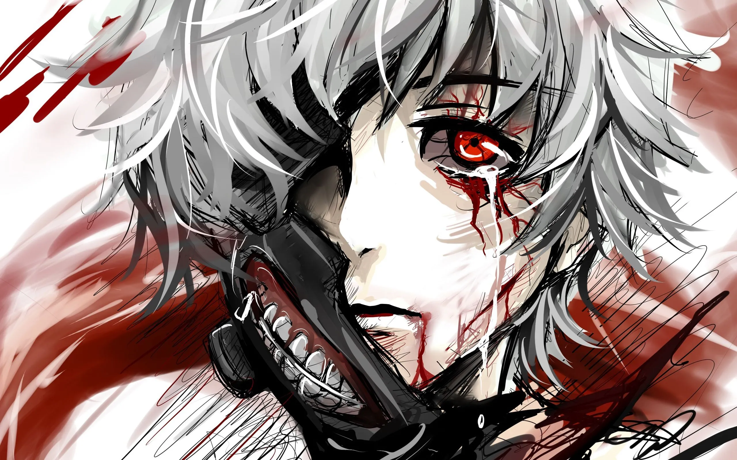 Desktop wallpaper: Ken Kaneki, Tokyo Ghoul, Red Eyes, Blood, Tears, White Hair, Anime, Close Up, Mask 4K free download for PC. 685867