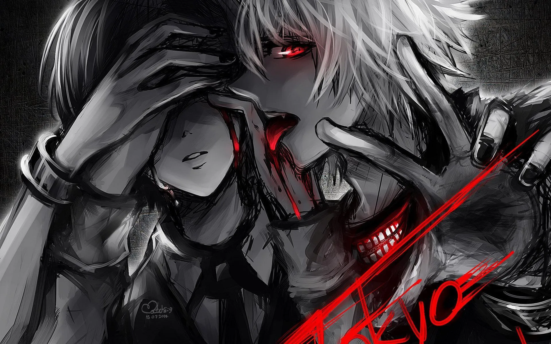 Wallpaper blood, the girl and the guy, Tokyo Ghoul, Ken Kanek, Tokyo Ghoul, Black and white, Ken Kaneko for mobile and desktop, section прочее, resolution 1920x1200