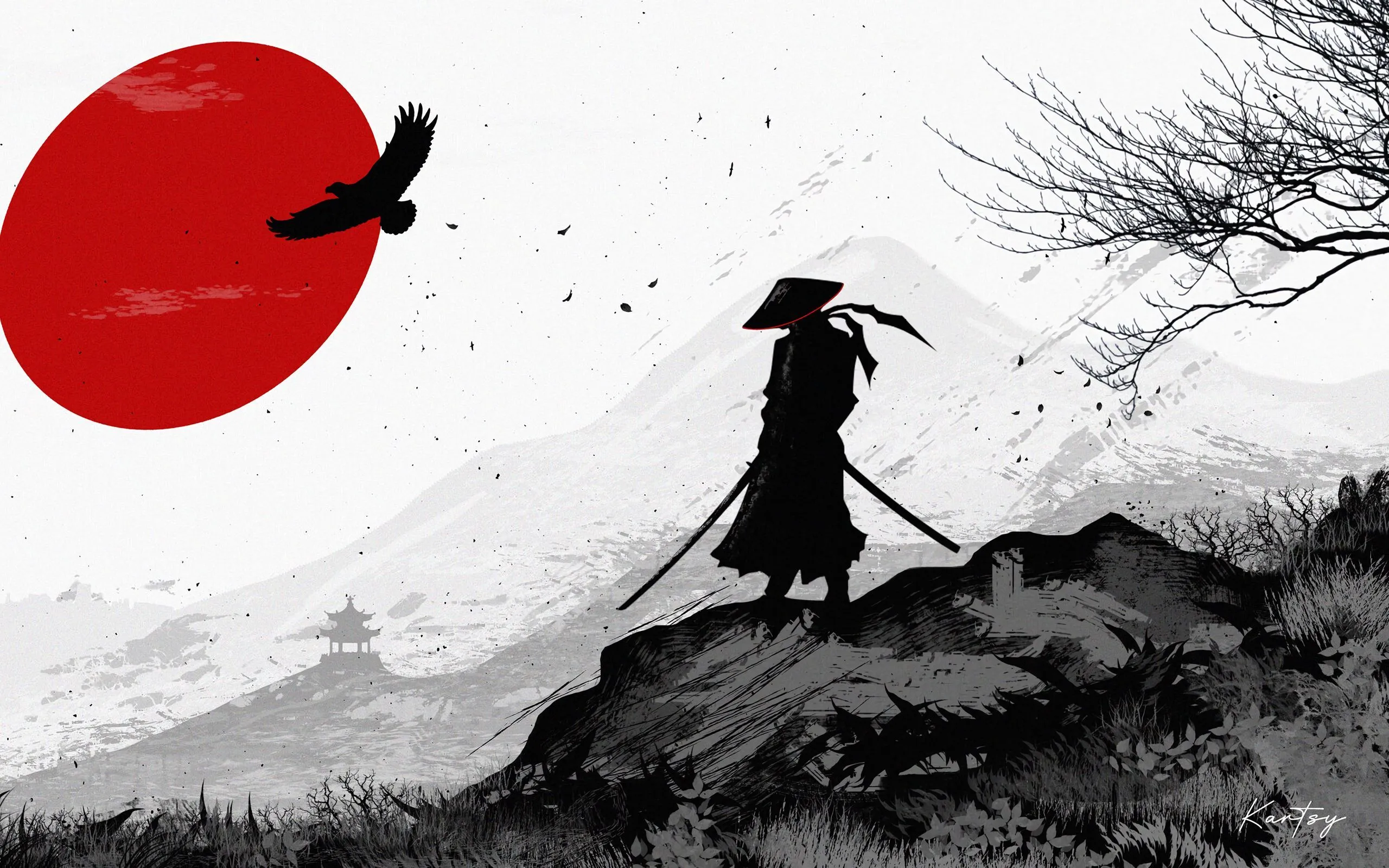 Download wallpaper 2560x1600 samurai, warrior, silhouette, art, black and white widescreen 16:10 HD background