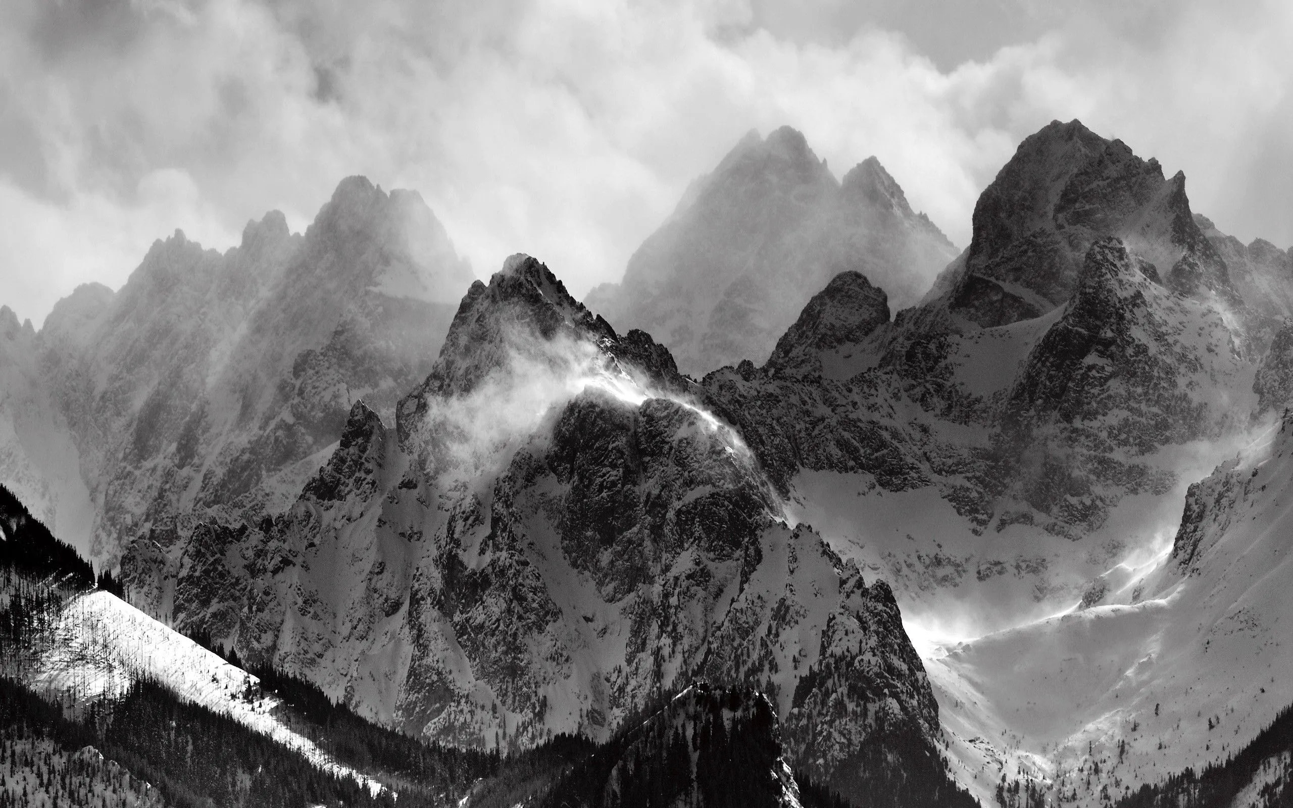 Wallpaper clouds, snow, mountains, black and white for mobile and desktop, section пейзажи, resolution 2560x1600