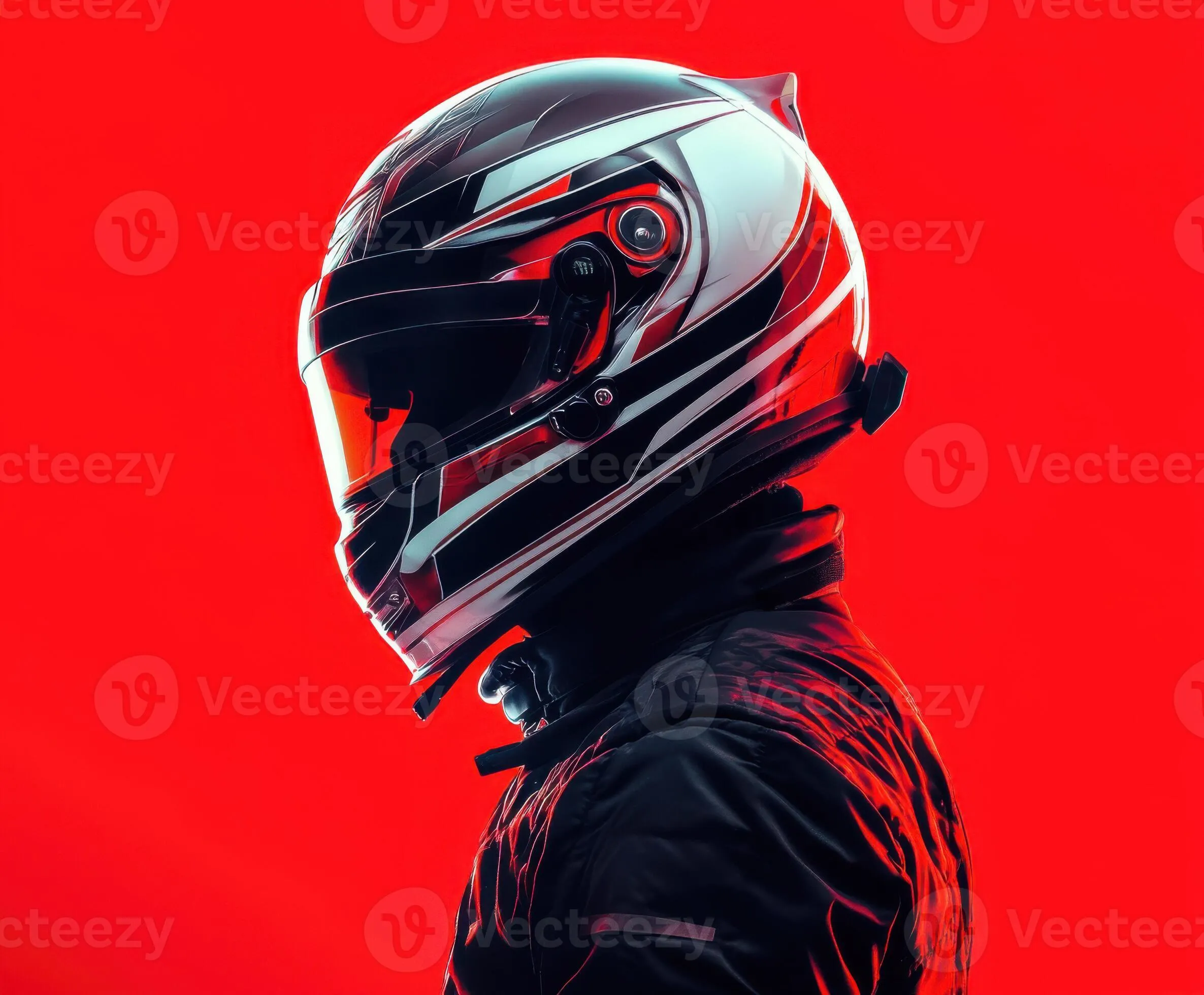Racing driver in a helmet against a vibrant red background during a dynamic motorsport setting