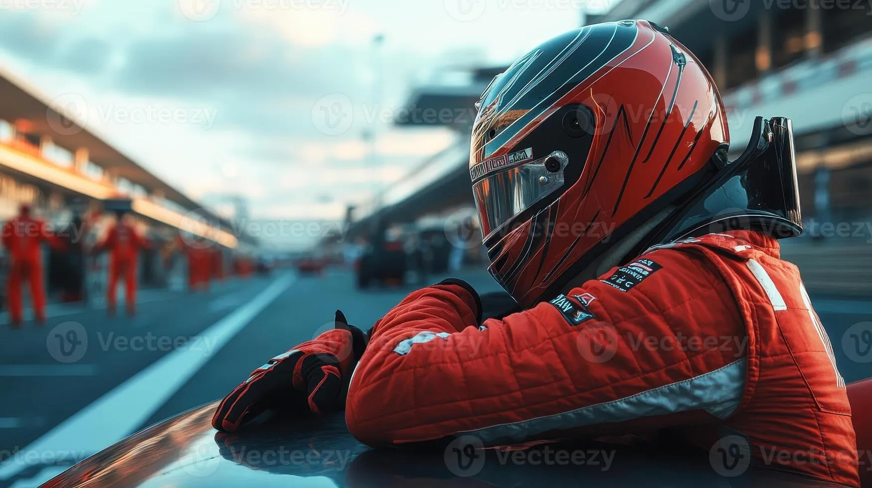 Focused Race Car Driver in Red Racing Suit Leaning on Vehicle in Pit Lane, Concept of Motorsport, Speed, Competition, and Professional Racing