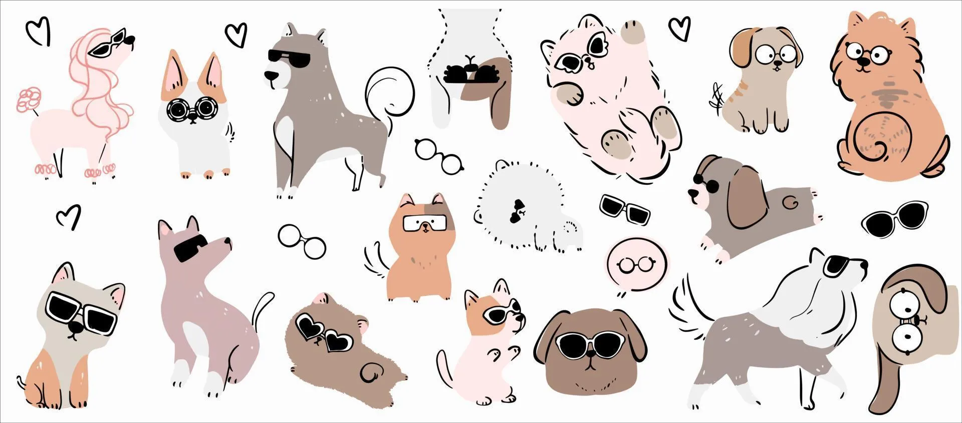 Cute dogs vector set. Cartoon dog or puppy characters design collection with flat color in different poses. Set of funny pet animals isolated on white background