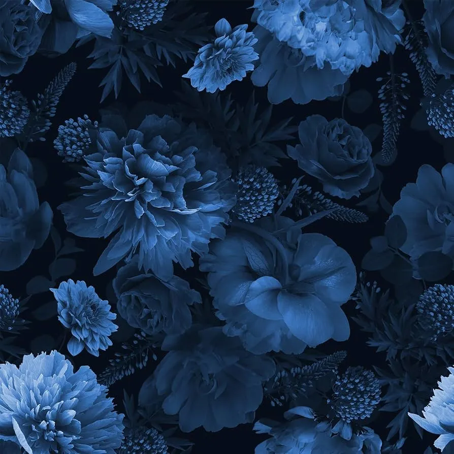 FunStick 17.5x354 Dark Blue Wallpaper Peel and Stick Vintage Floral Wallpaper for Bedroom Black Blue Floral Contact Paper Peel and Stick Wall Paper Sticker for Living Room Walls Cabinets Shelves