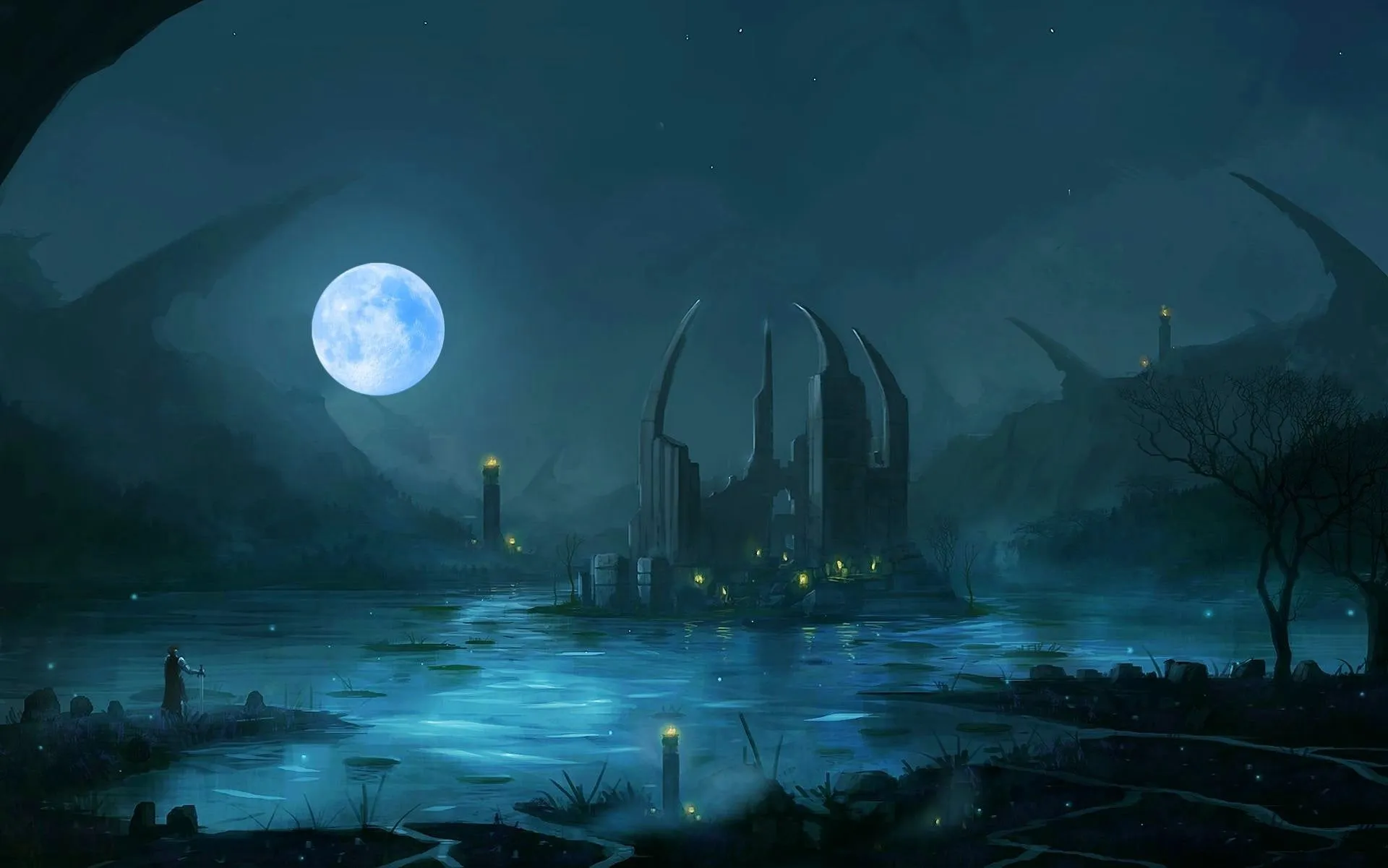 Gray castle and moon digital wallpaper, fantasy art, Moon, night HD wallpaper