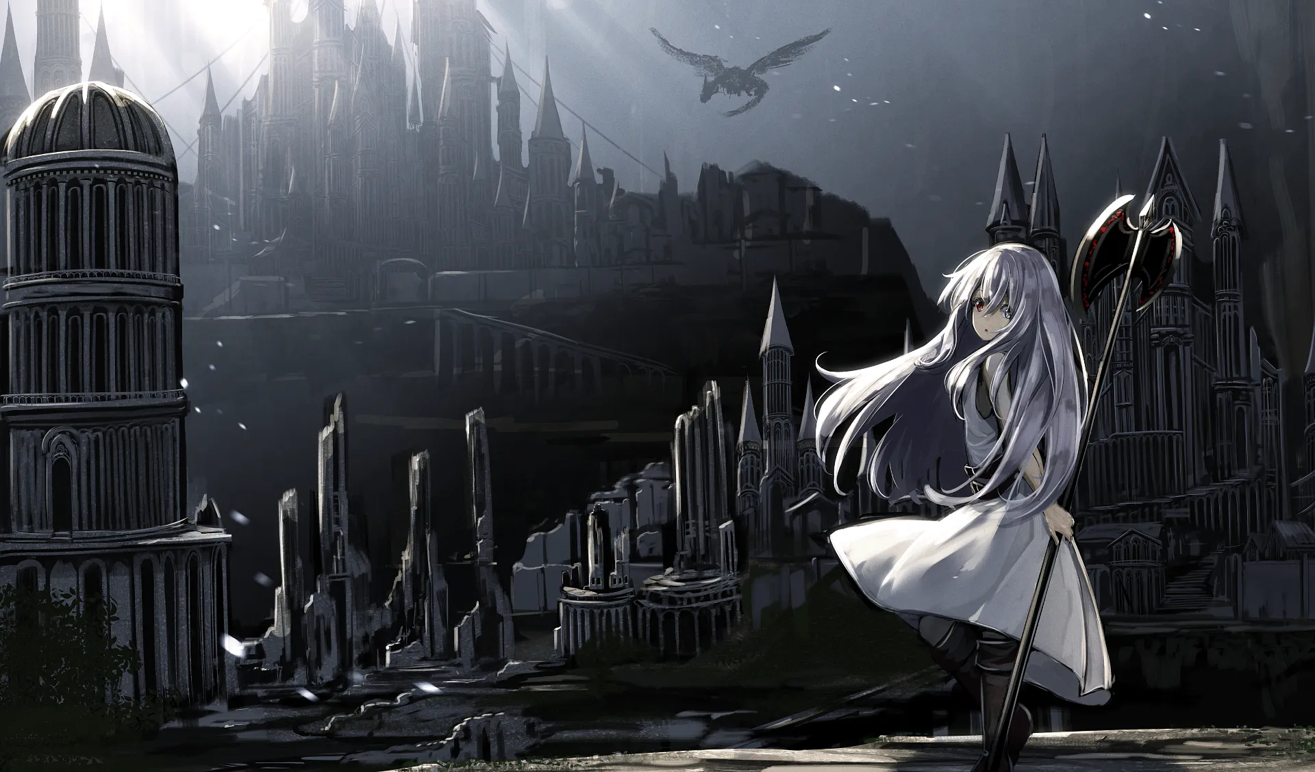 Epic Anime Original HD Wallpaper: Dark Fantasy Skyline & Silver Haired Heroine By Ryosiosx1128