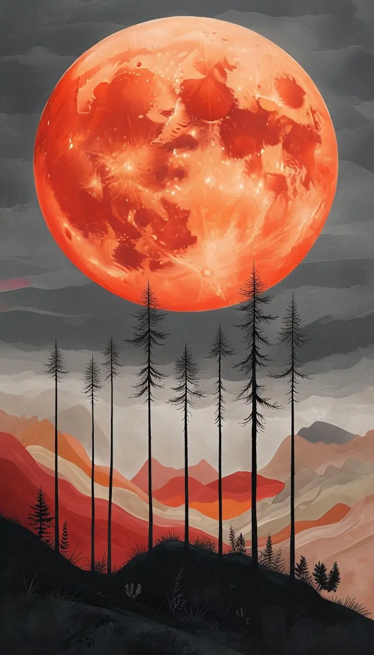 Mysterious Landscape With Orange Red Moon Digital Painting Mobile Wallpaper