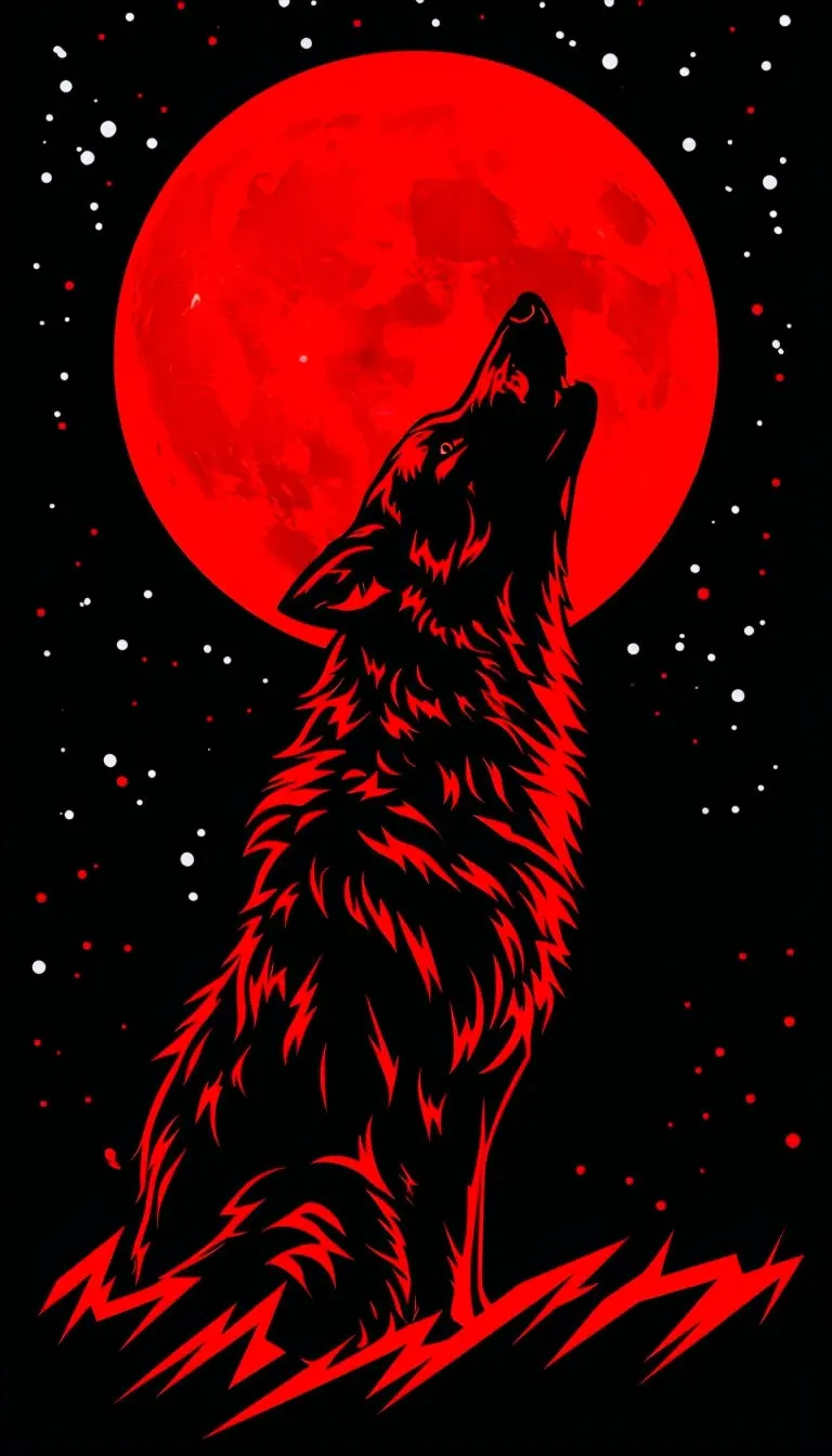 Mystical Wolf Howling at a Vibrant Red Moon Mobile Wallpaper