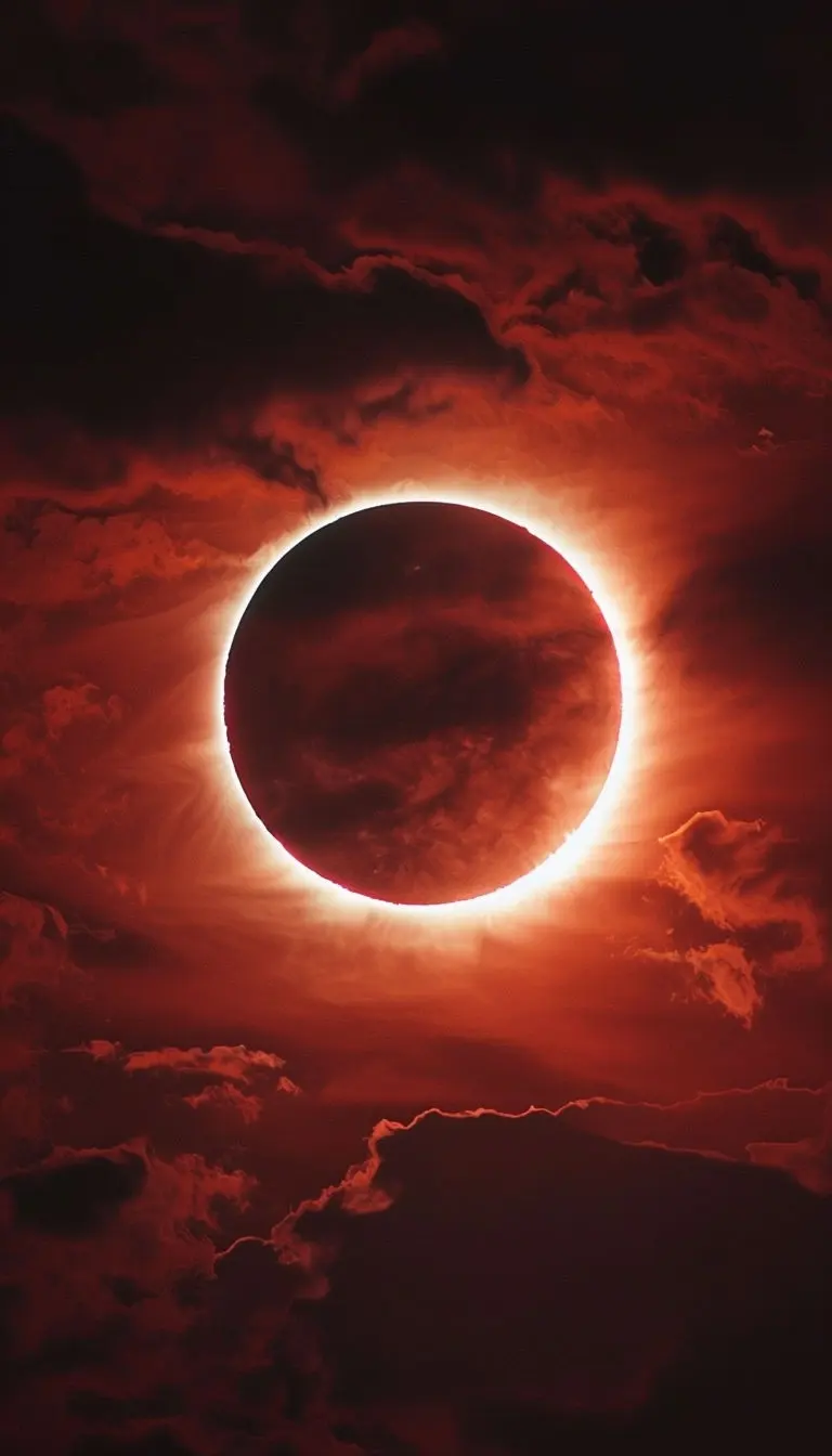 Dramatic Crescent Solar Eclipse Against Red Cloudy Sky Mobile Wallpaper