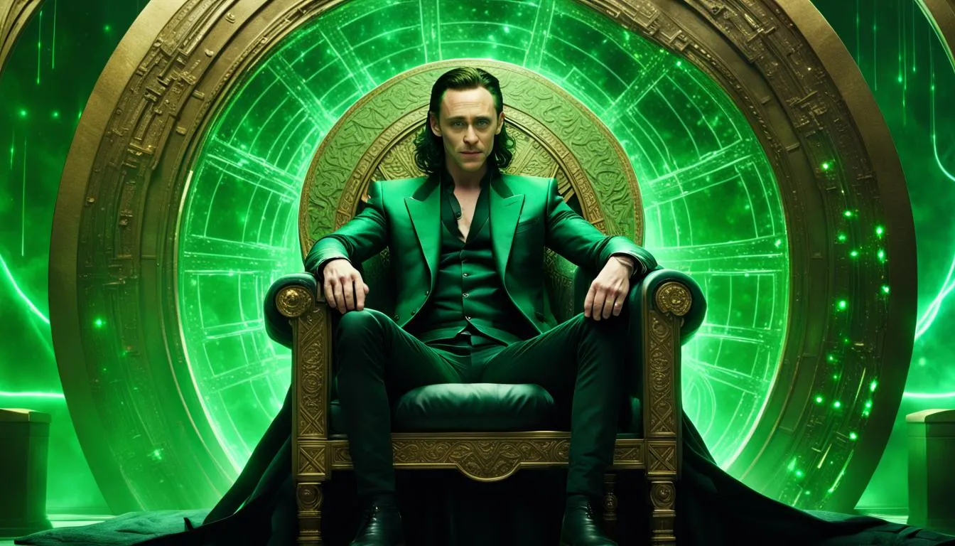 The One Who Protect: Actor Tom Hiddleston as loki sitting on a throne, around him some portal