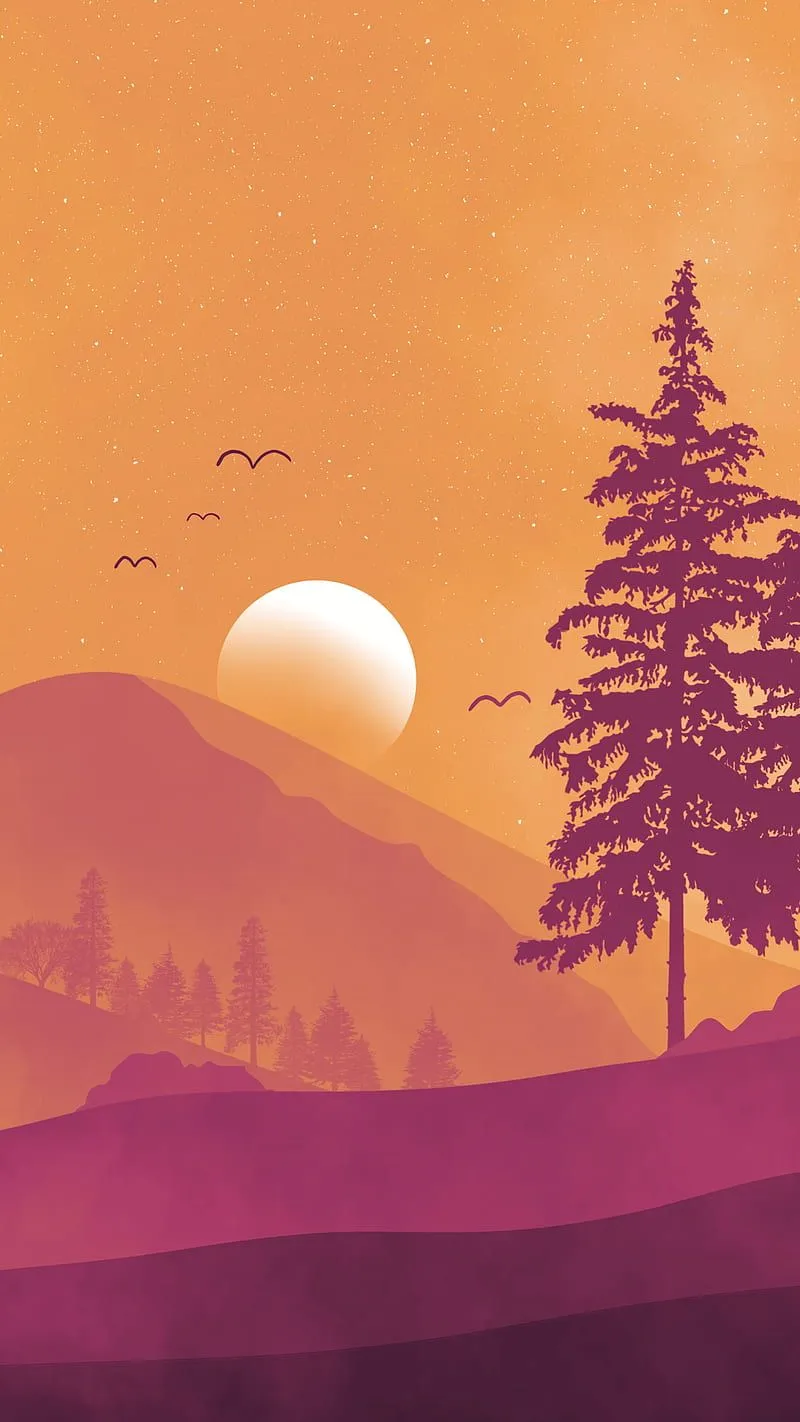 Beauty Sunset, Minimalist landscape colour mountain yellow purple forest orange morning sky sunrise sunset 2d , HD phone wallpaper
