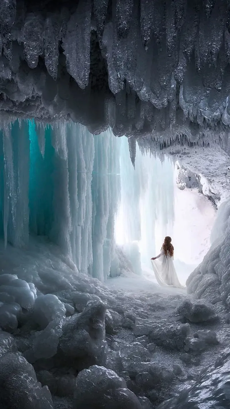 Ice cave, cold, girl, nature, HD phone wallpaper