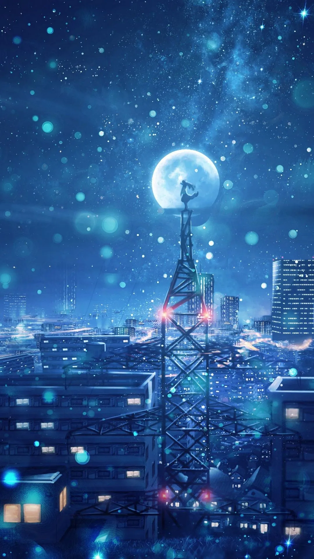 Dream Wallpaper 4K, Blue, Cityscape, Snowfall, Moon