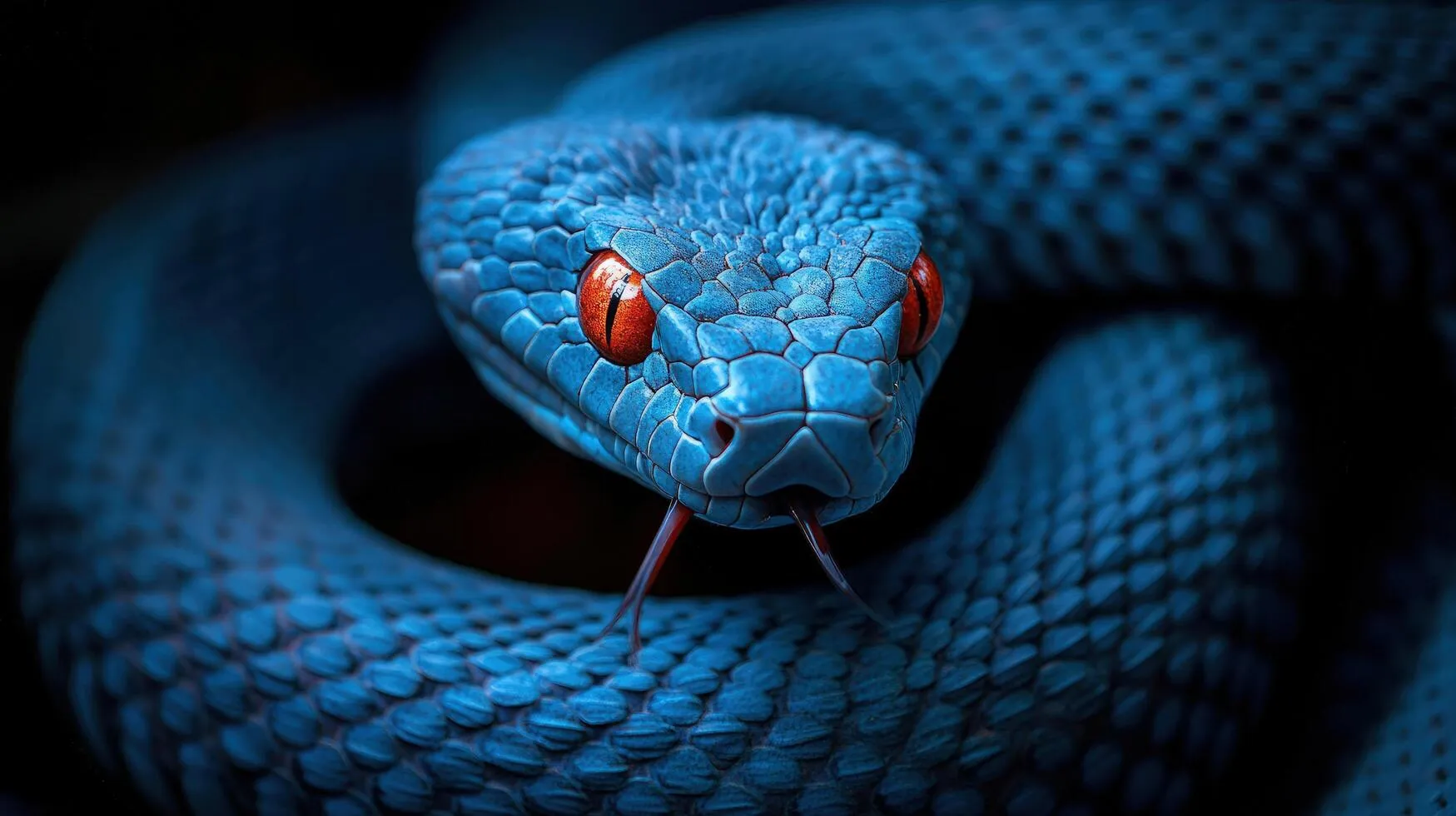 Intense blue snake with striking red eyes and forked tongue stares intently