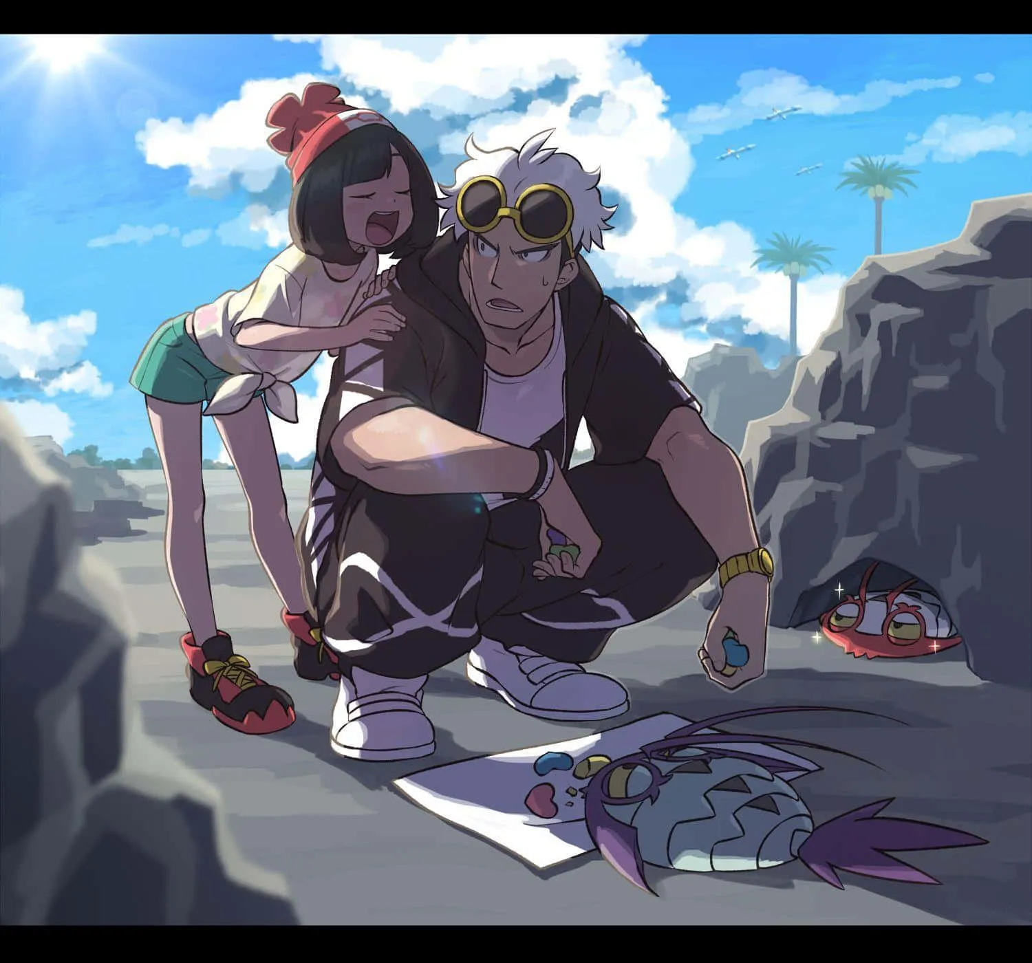 Download Guzma And Moon Feeding Wimpod Wallpaper