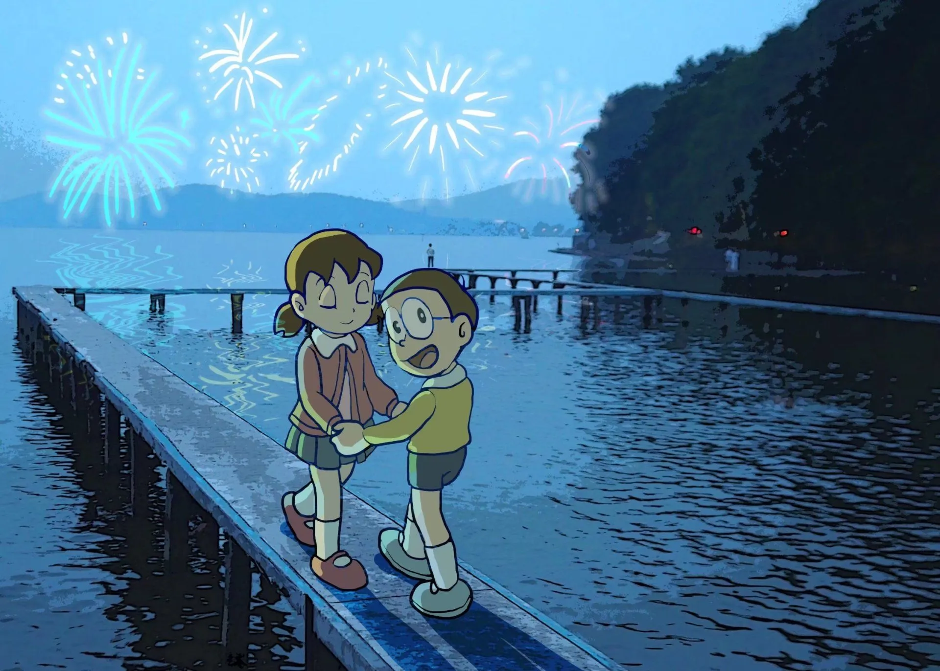 Doraemon HD Wallpaper: Shizuka & Nobita's Magical Lakeside Fireworks Night by 不吃草的狸猫x1600