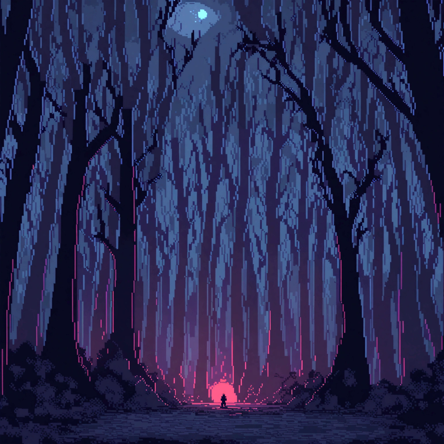 Horror forest. night time. 3D pixel graphics wallpaper 4K. awesome pixel art