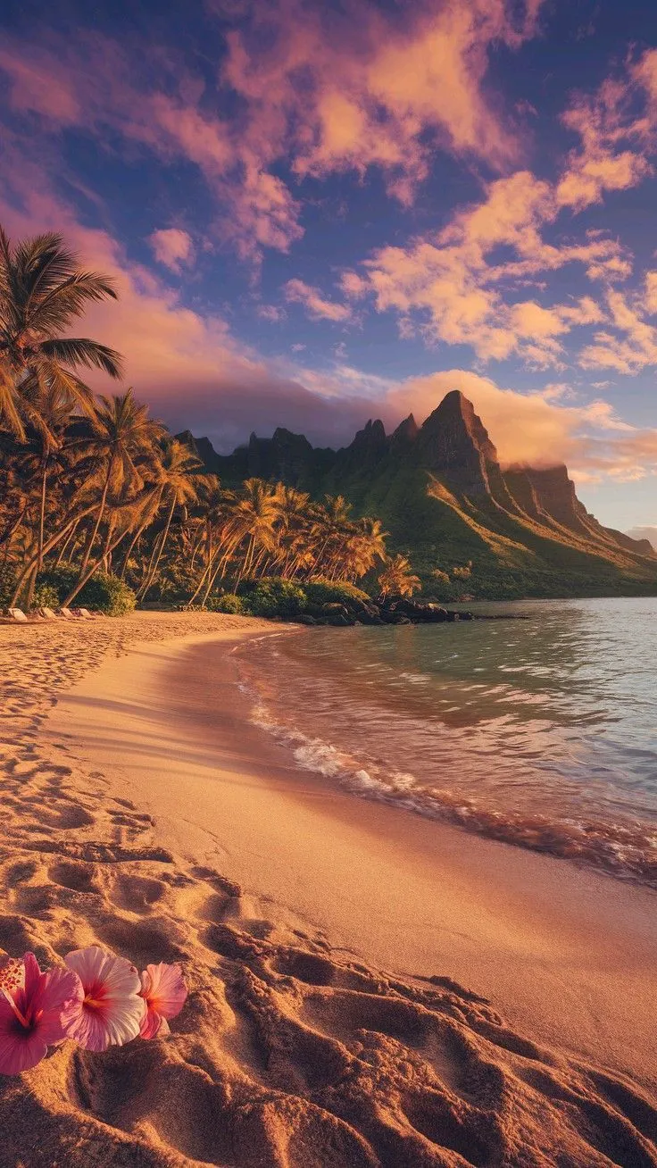 Tropical Sunset with Flowers