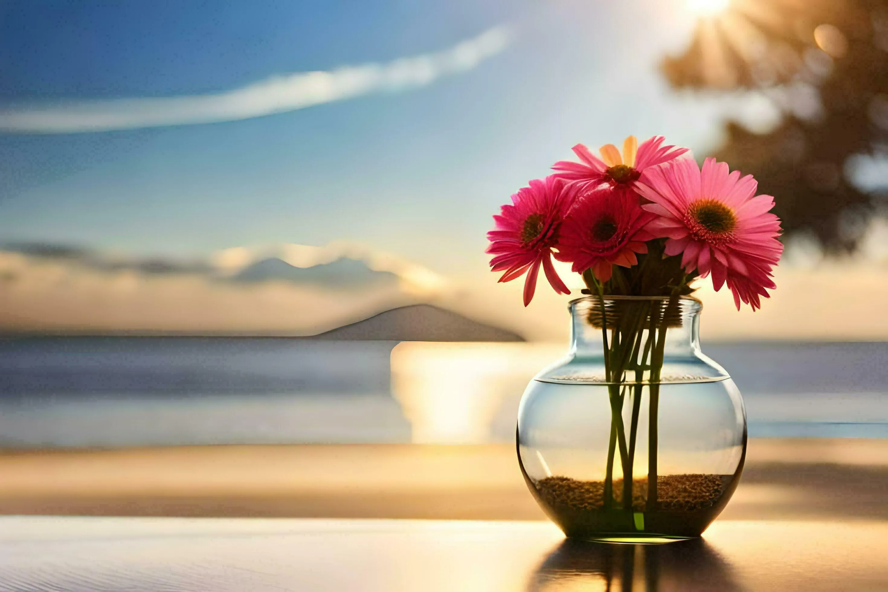Photo Wallpaper The Sky, Flowers, Sea, Sunset, Flowers, Beach, Flowers, Flowers,. AI Generated
