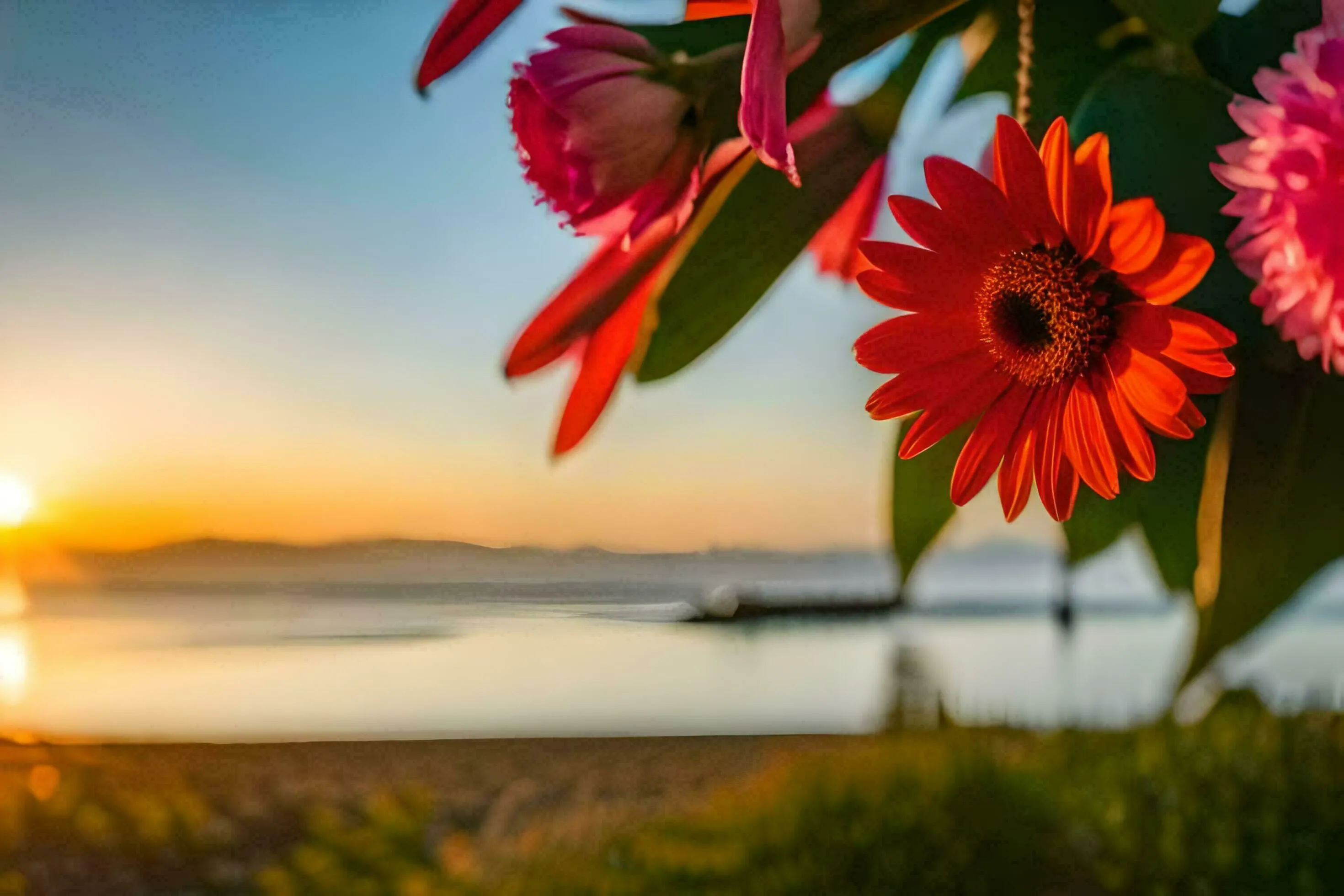 Flowers On The Beach, Sunset, The Sea, Flowers, The Beach, HD Wallpaper. AI Generated