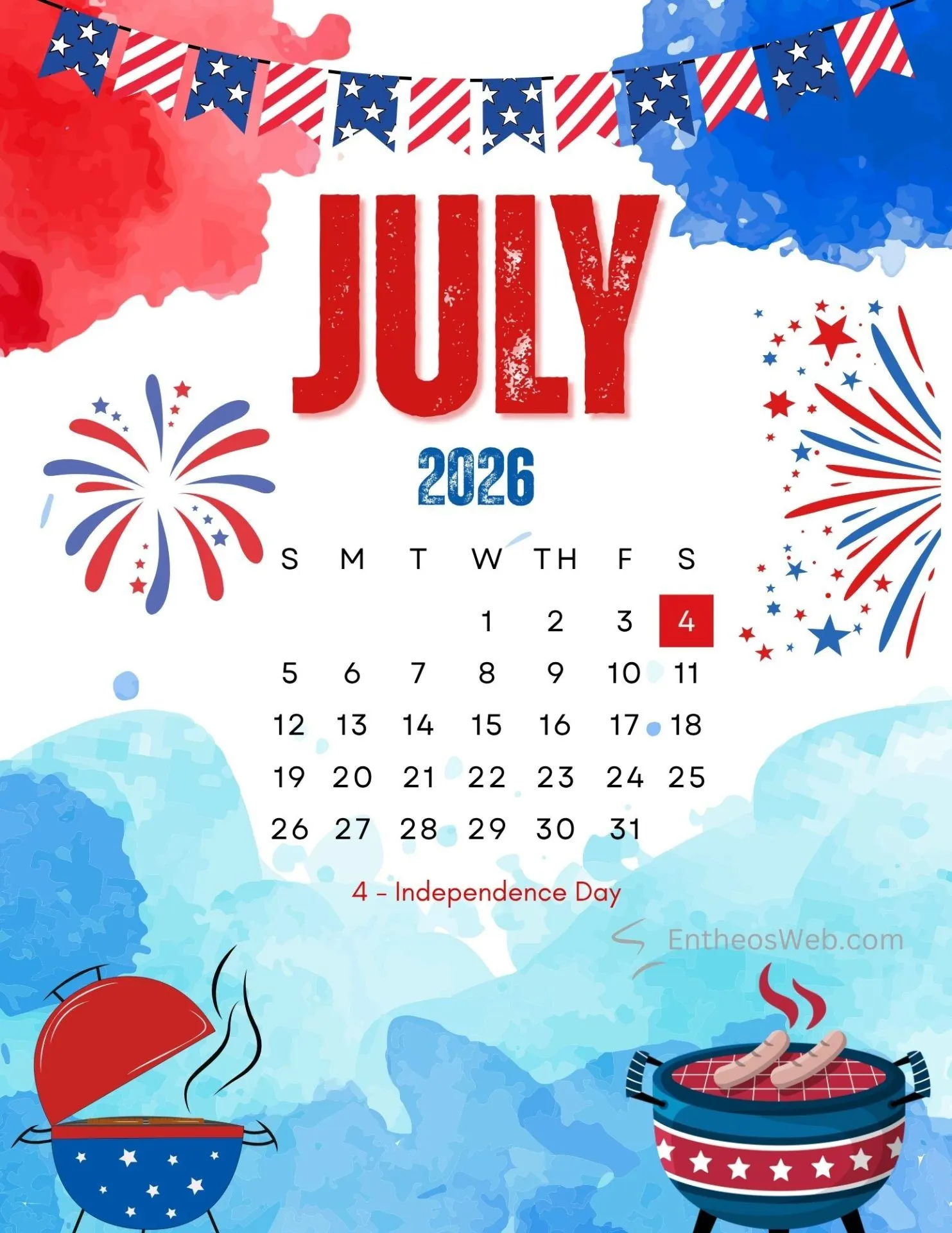 Free 2026 Printable 4th of July Independence Day Themed Calendar