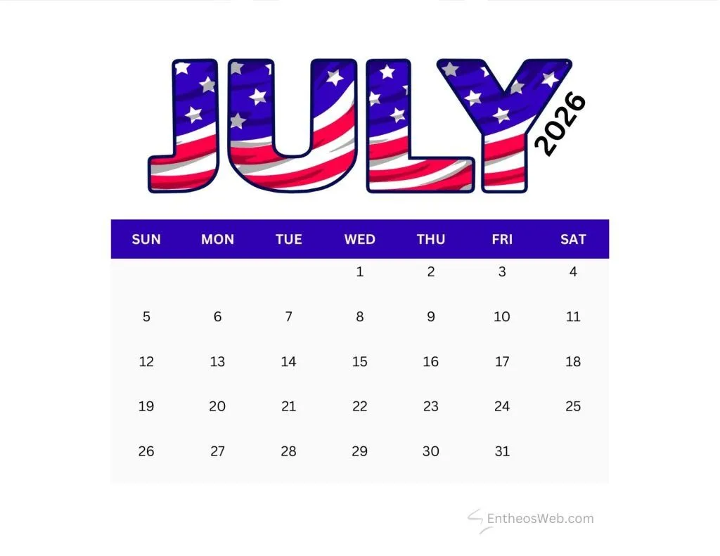 4th of July Themed July Calendars & Wallpaper