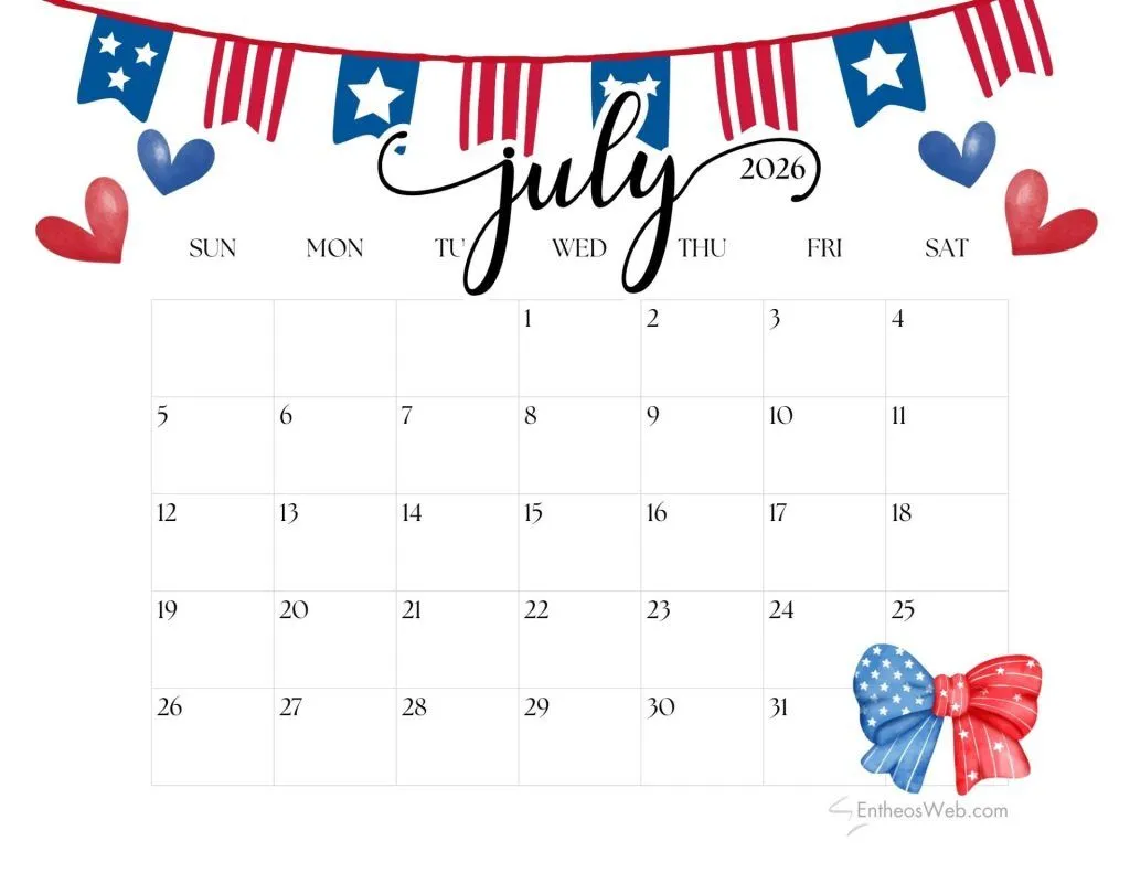 4th of July Themed July Calendars & Wallpaper