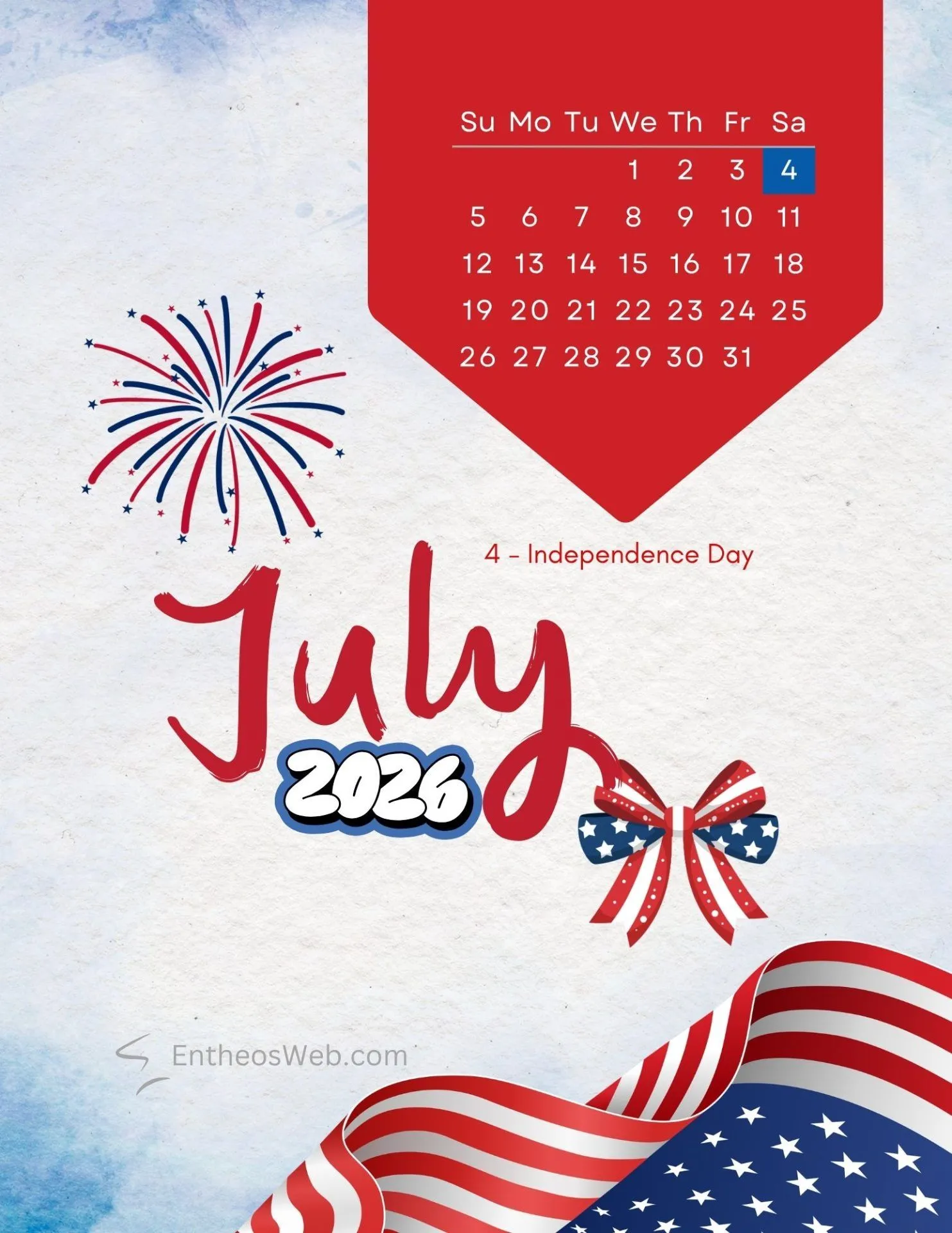 Free 2026 Printable 4th of July Independence Day Themed Calendar