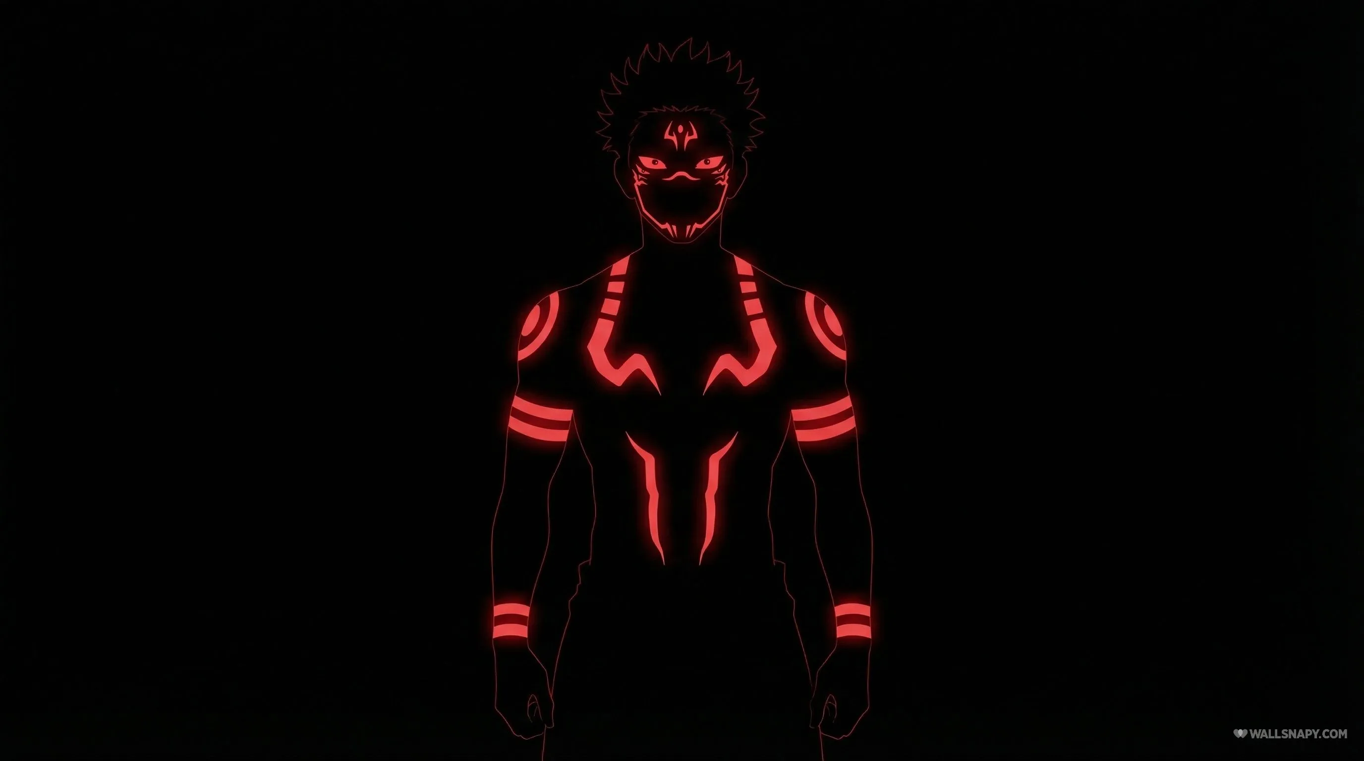 Sukuna silhouette eyes and cursed markings glowing red pc wallpaper