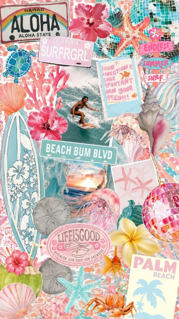 Pink Summer Hibiscus Aesthetic Collage Wallpaper, Soft Beach Vibes Background