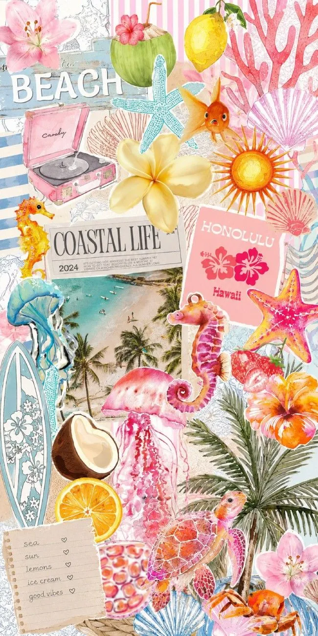 Pink Summer Hibiscus Aesthetic Collage Wallpaper, Soft Beach Vibes Background