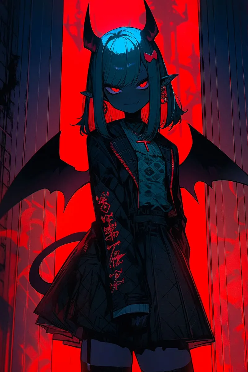 Girl, demon, wings, horns, anime, red, dark, HD phone wallpaper