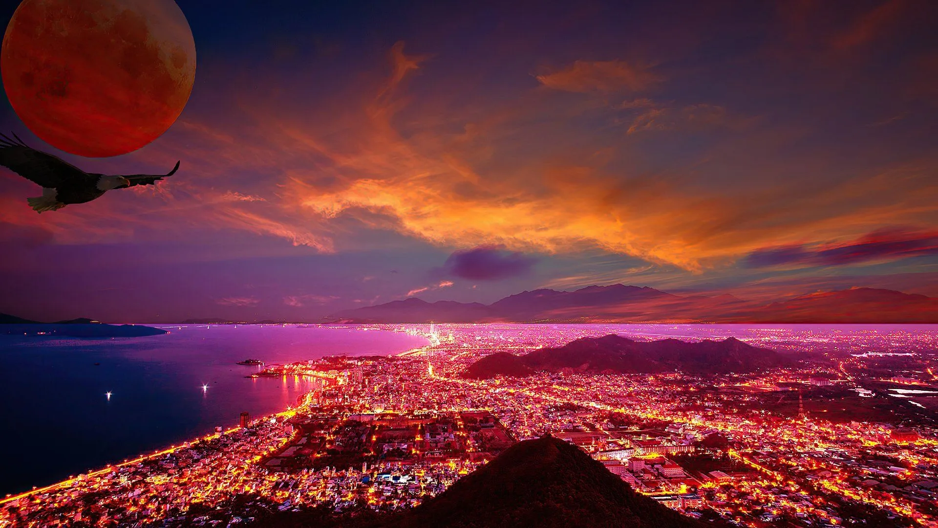 Fantasy City Lights Under a Fiery Sunset and Distant Planetx1080