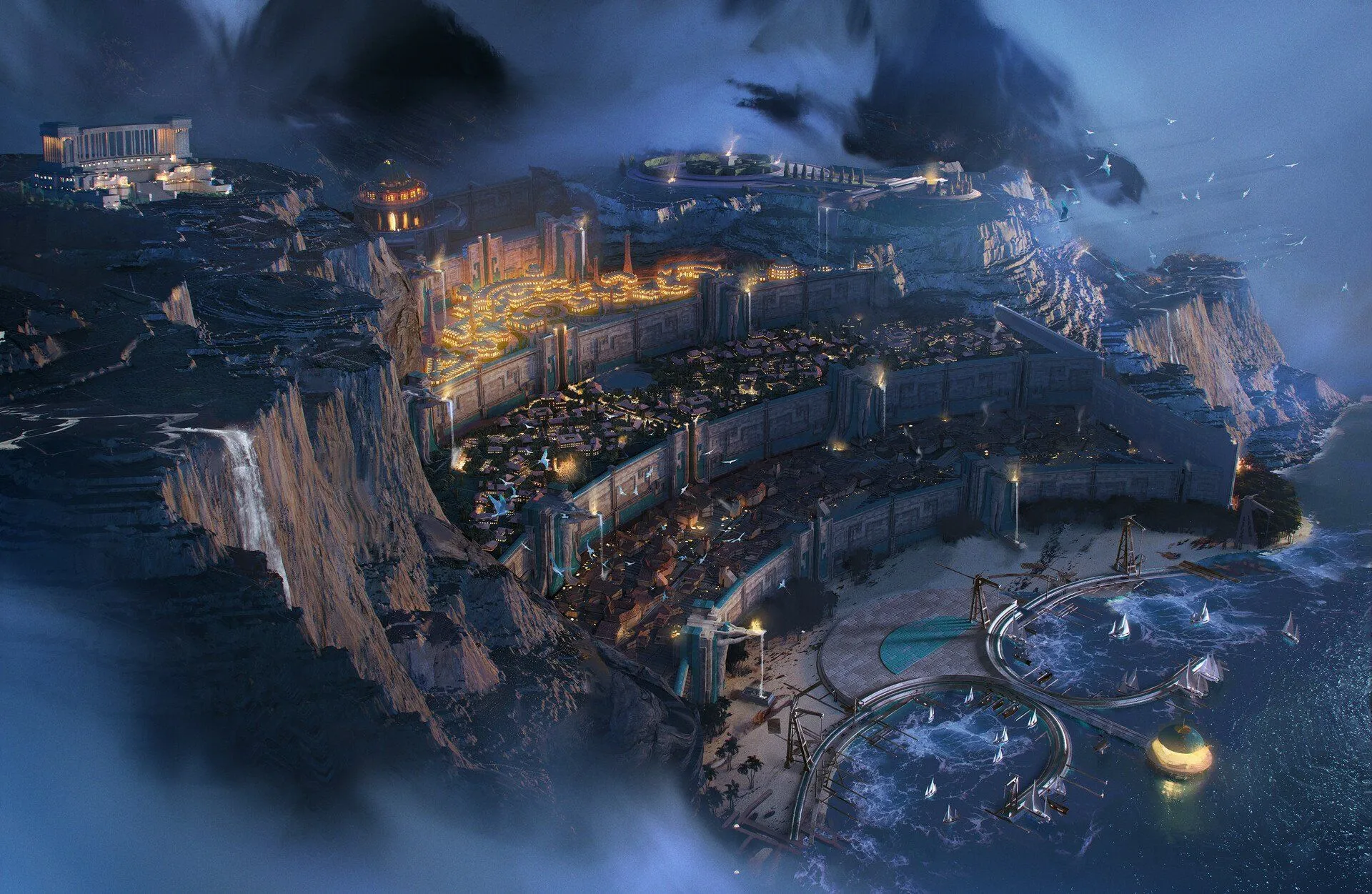 Mystical Skyline: Fantasy Cityscape HD Wallpaper