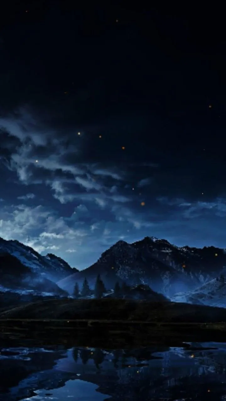 Mountain landscape with night sky. Fantasy night sky over mountains, Nighttime mountain landscape with clouds, Night sky wallpaper