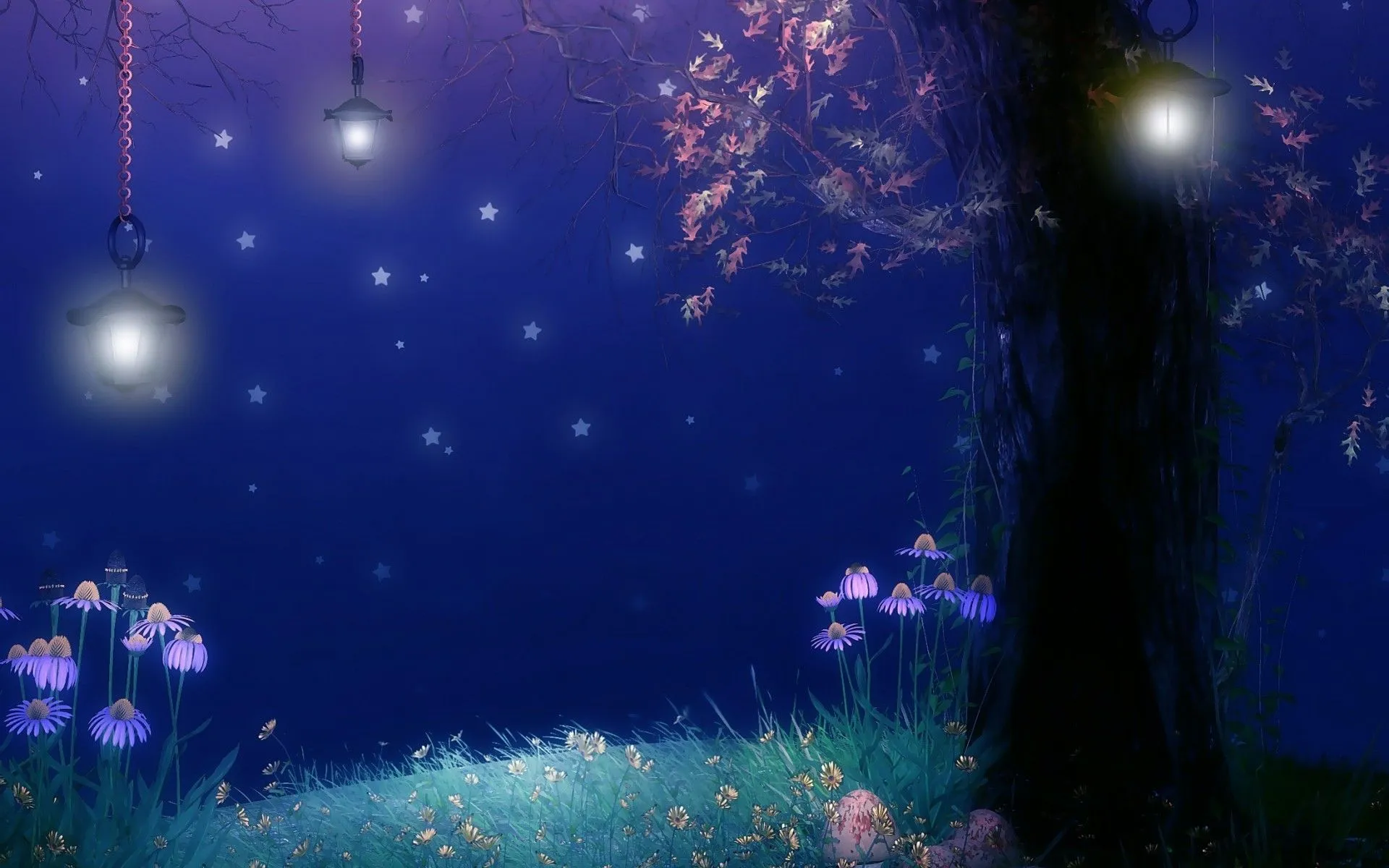 fantasy, Landscapes, Art, Soft, Night, Flowers, Trees, Dream, Sky, Stars, Cute, Lamp, Light Wallpaper HD / Desktop and Mobile Background
