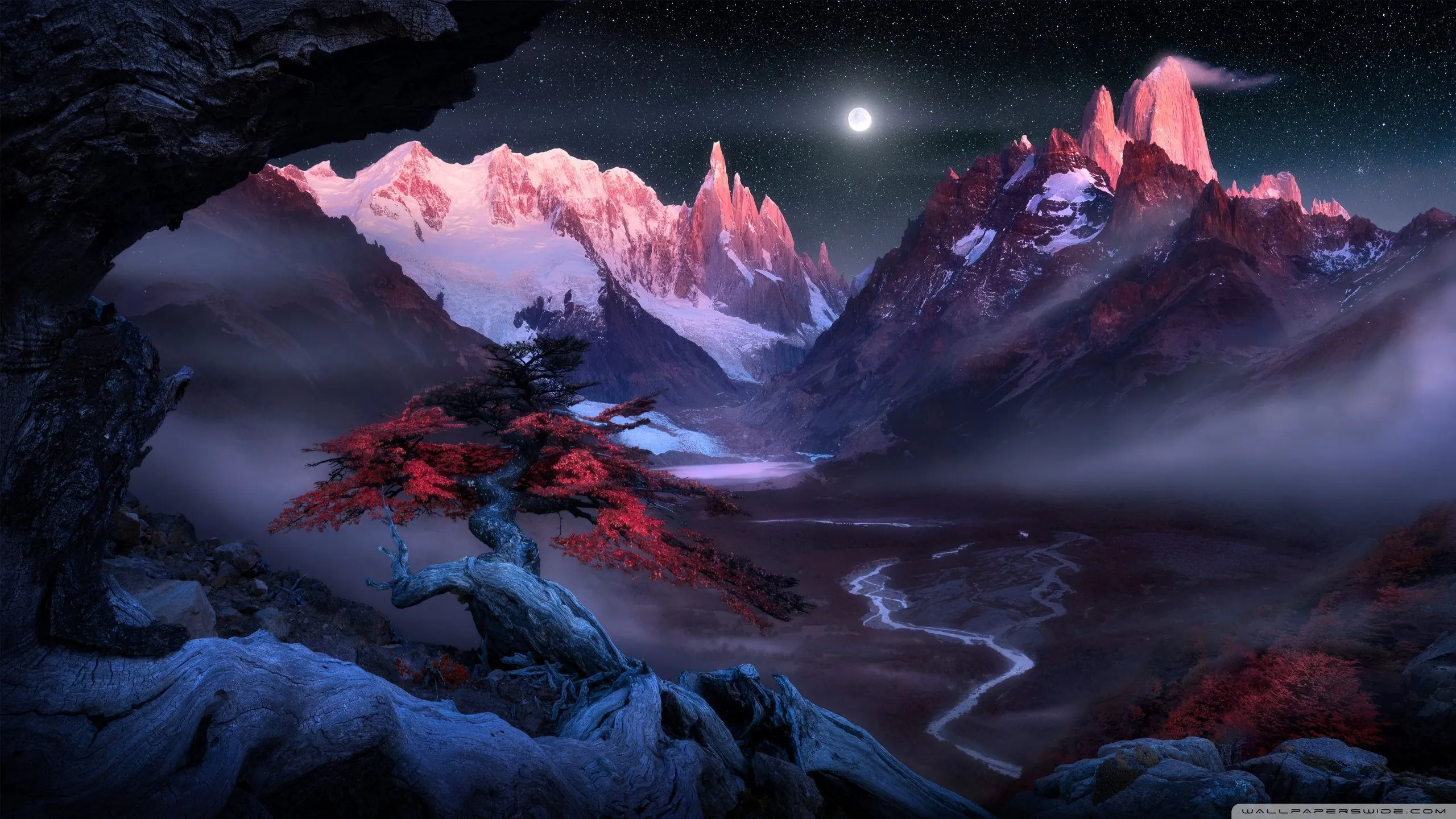 Mountains, Valley, Night, Mist, Red Tree, Landscape, Scenic View, Mystical 4K UHD Wallpaper for UltraHD Desktop and TV, Widescreen and UltraWide Display