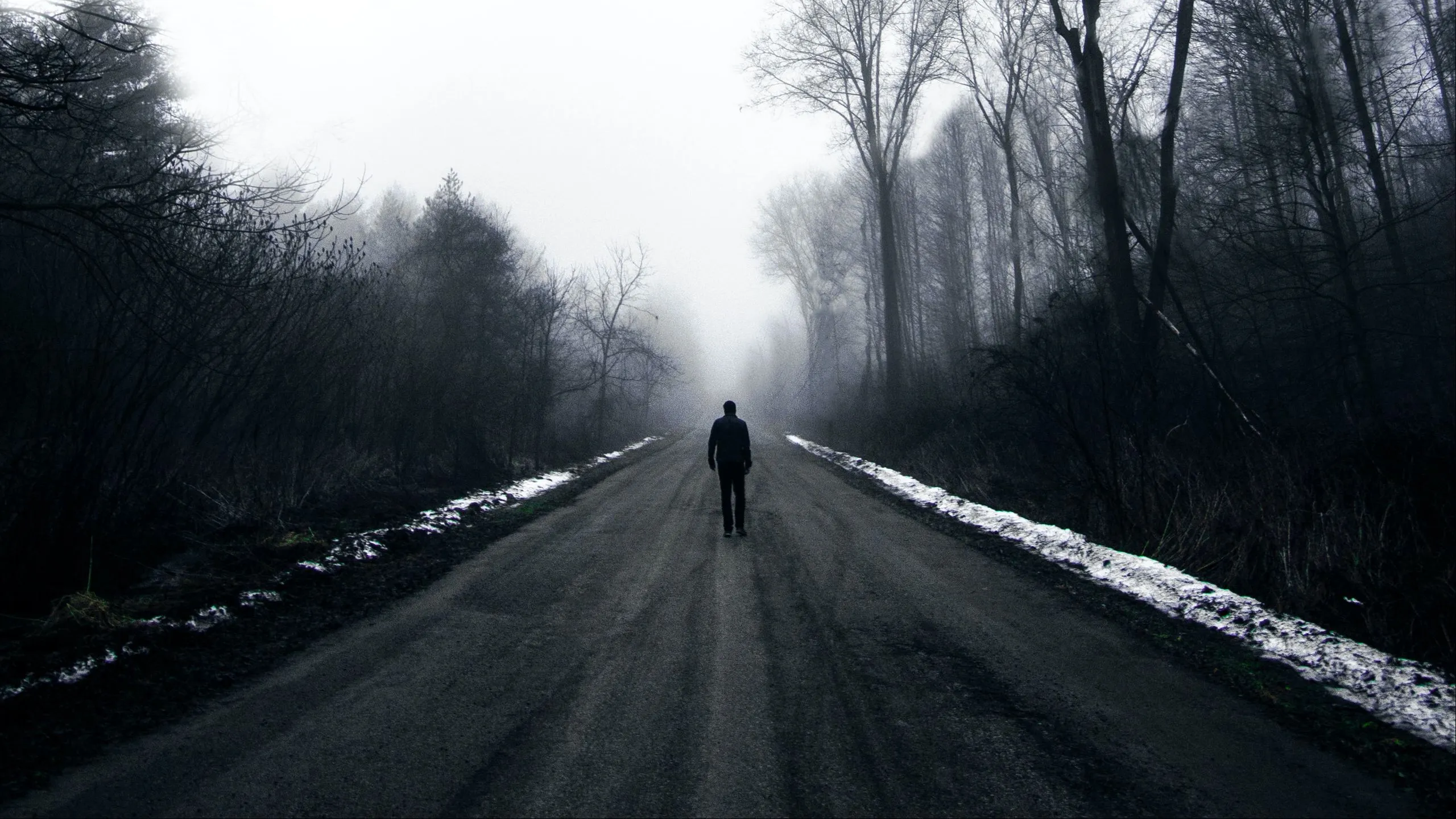 Download wallpaper 2560x1440 silhouette, alone, sad, road, black and white widescreen 16:9 HD background