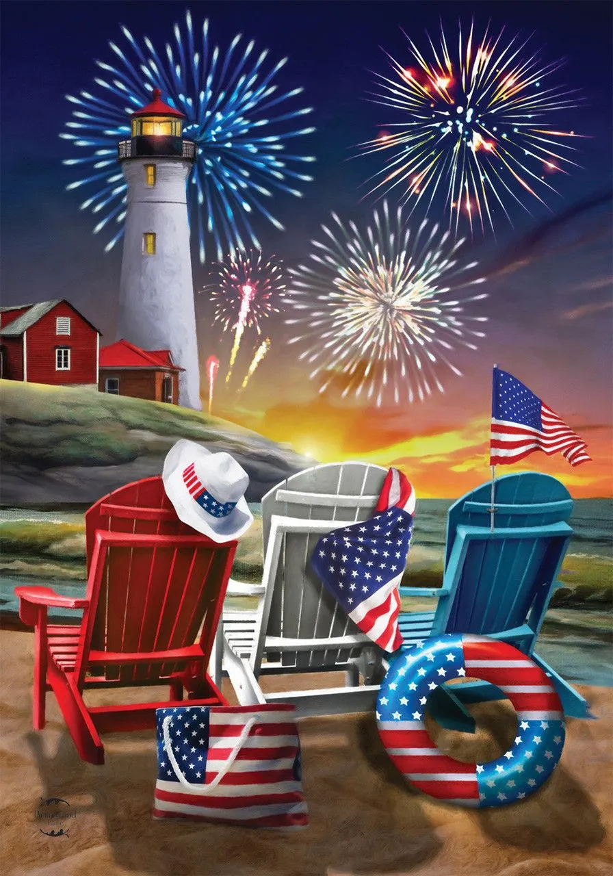 Beachfront Fireworks Fourth of July Garden Flag