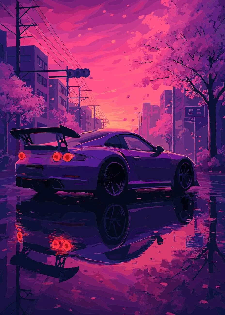 Poster White Car Japanese Neon Style. Wall Art 1 FREE