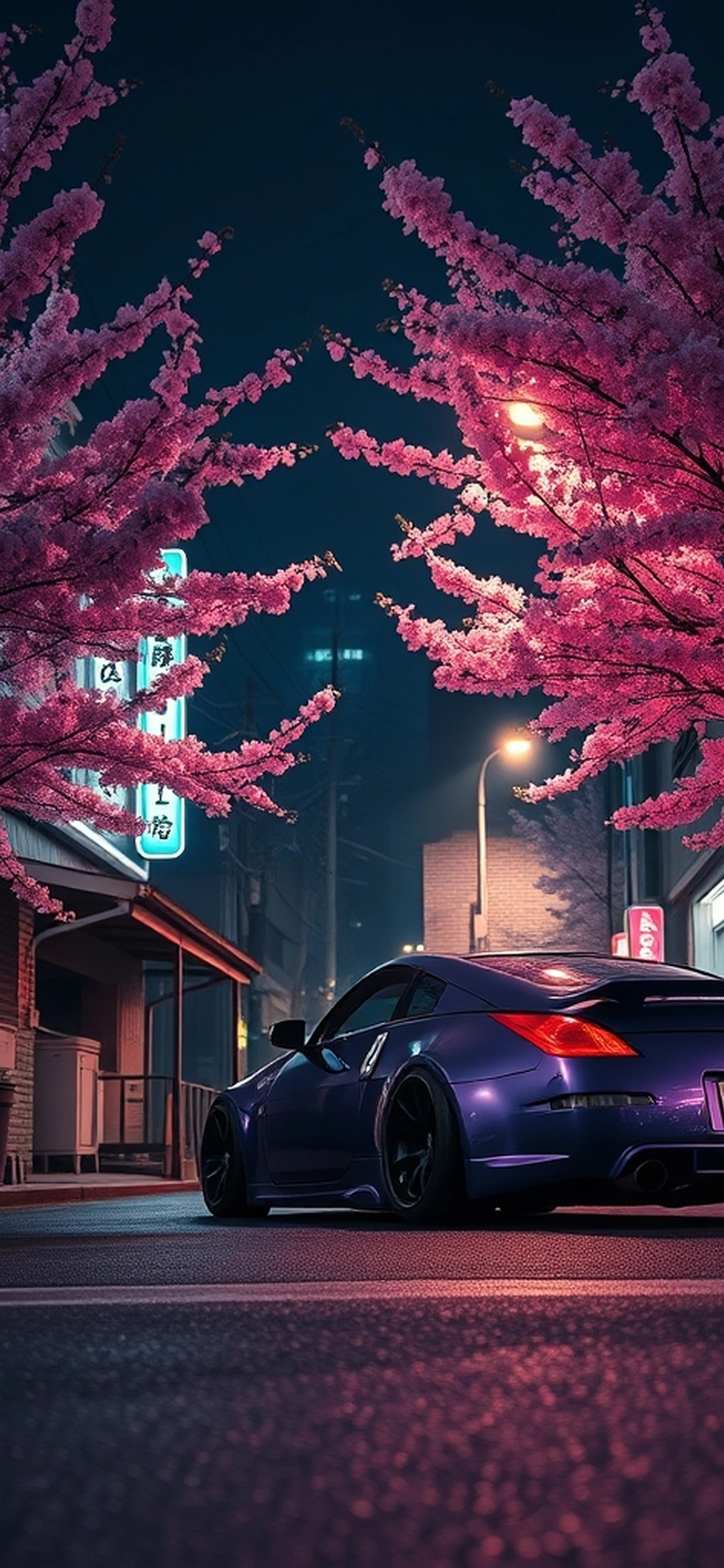 A Night Japan Scenery With A Pink Sakura Tree And Buildings With Neon Writings In Japanese