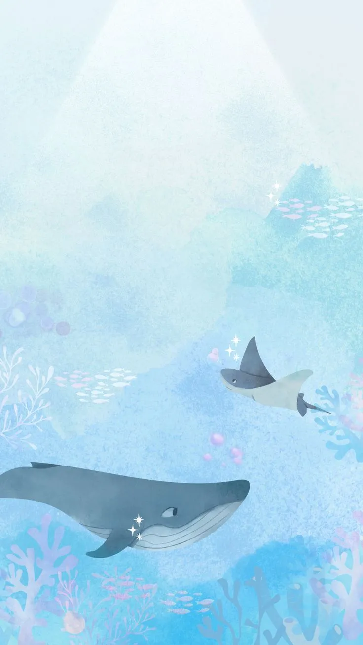 Soft, calming under the sea scene with whale and stingray. Customizable phone wallpaper 1080x1920