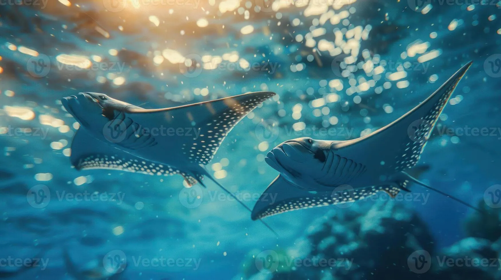 A photograph displaying three species of stingrays underwater