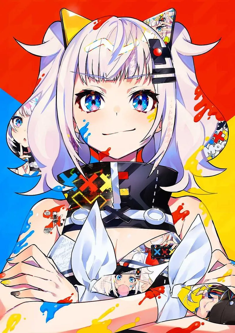 Anime girls, mika pikazo, silver hair, blue eyes, twintails, paint splatter, HD phone wallpaper