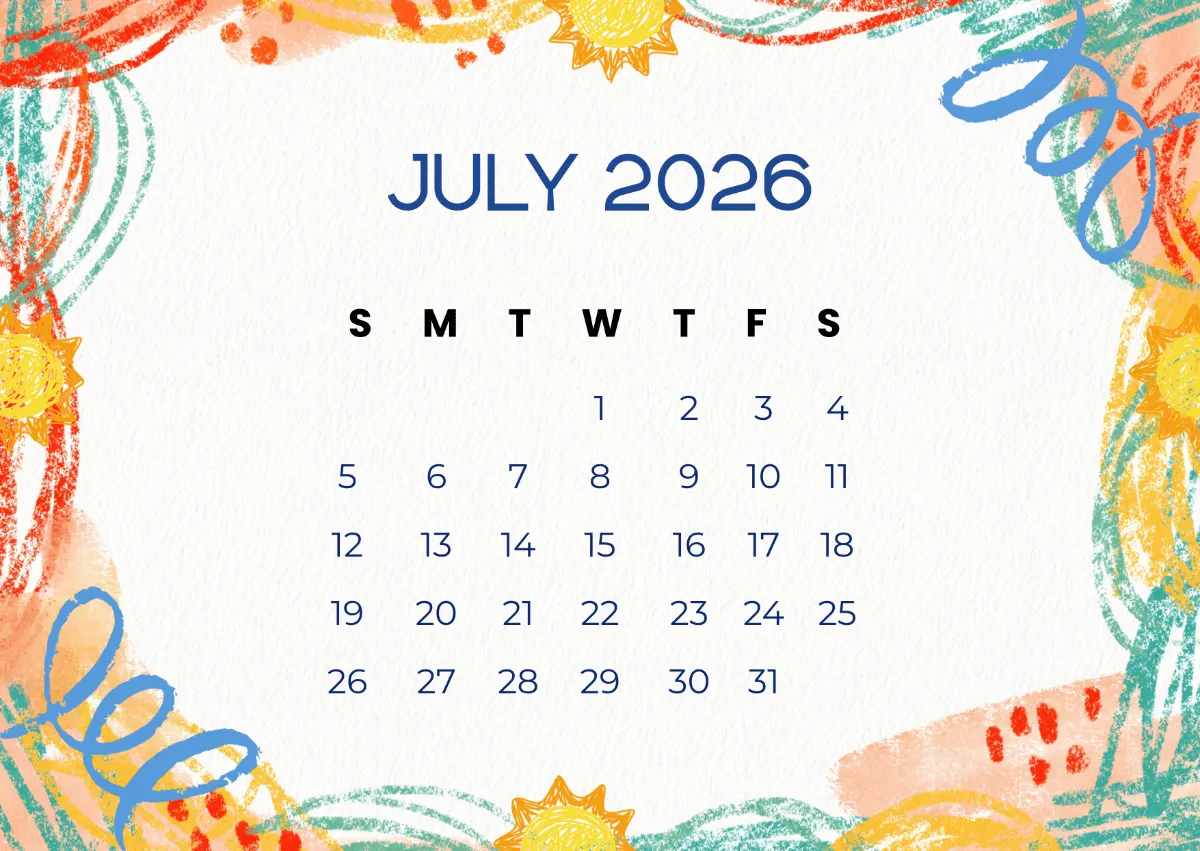 Free Colorful Doodle July 2026 Calendar to Edit Online